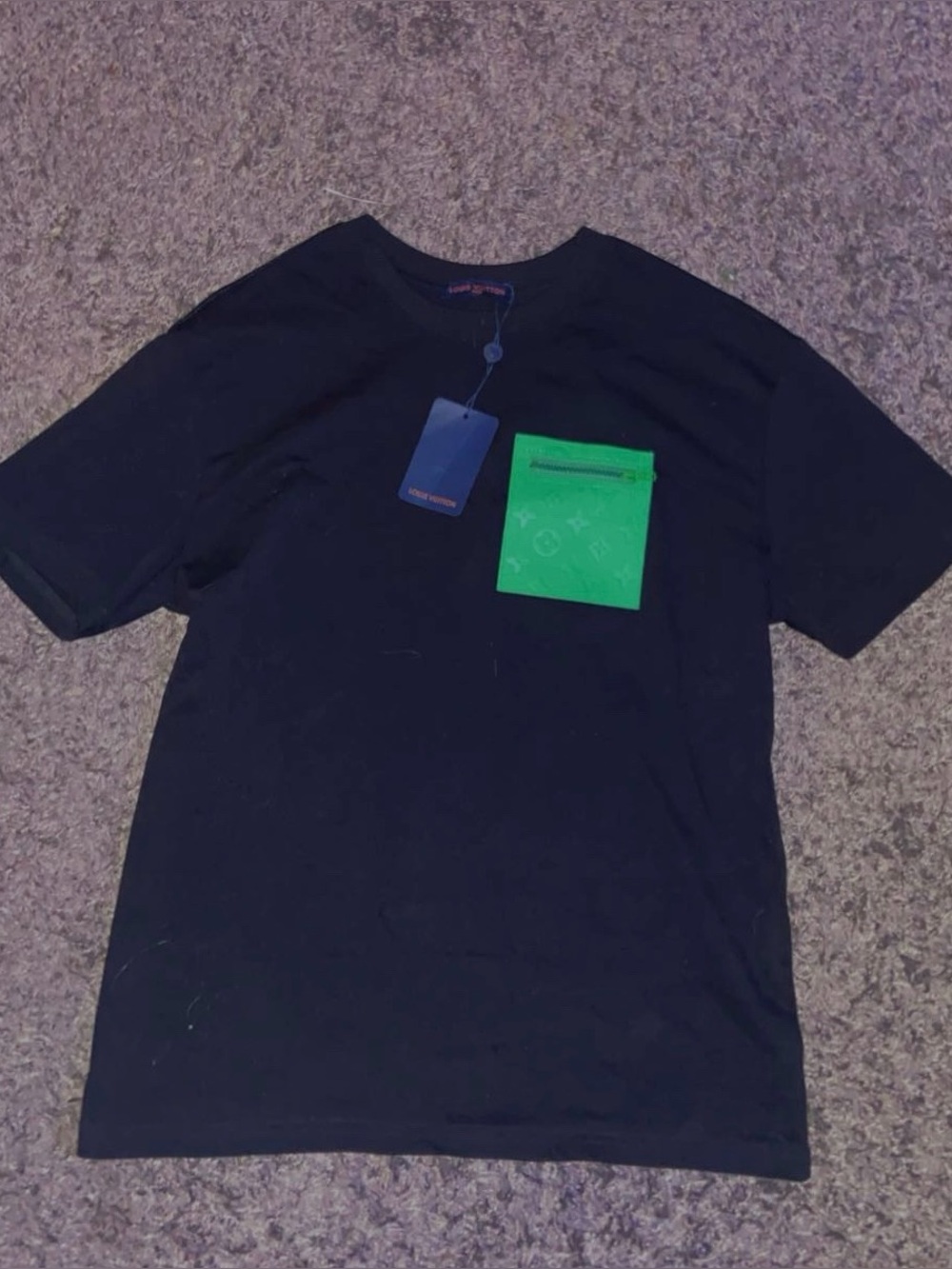 Louis Vuitton Black Short-Sleeve Tee with Green Monogram Chest Pocket